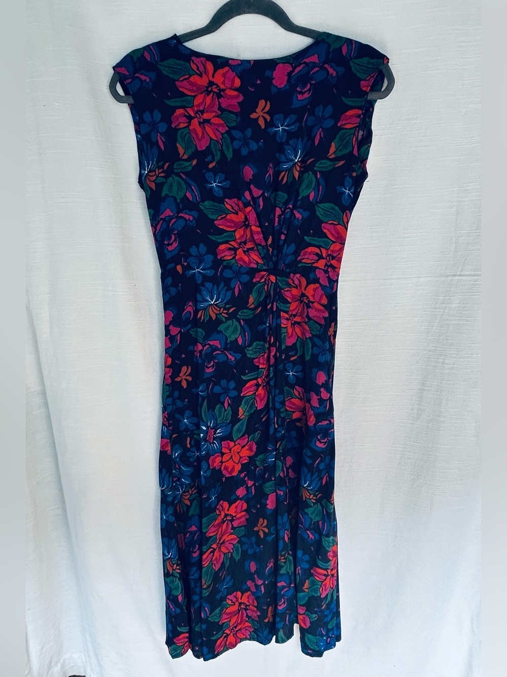 Mango Boatneck Navy Midi Dress with Pink & Teal Floral Print‎ w/ Knot Front